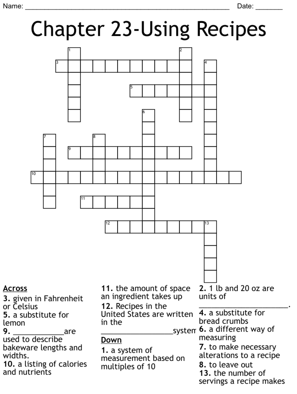 Picture of: Chapter -Using Recipes Crossword – WordMint