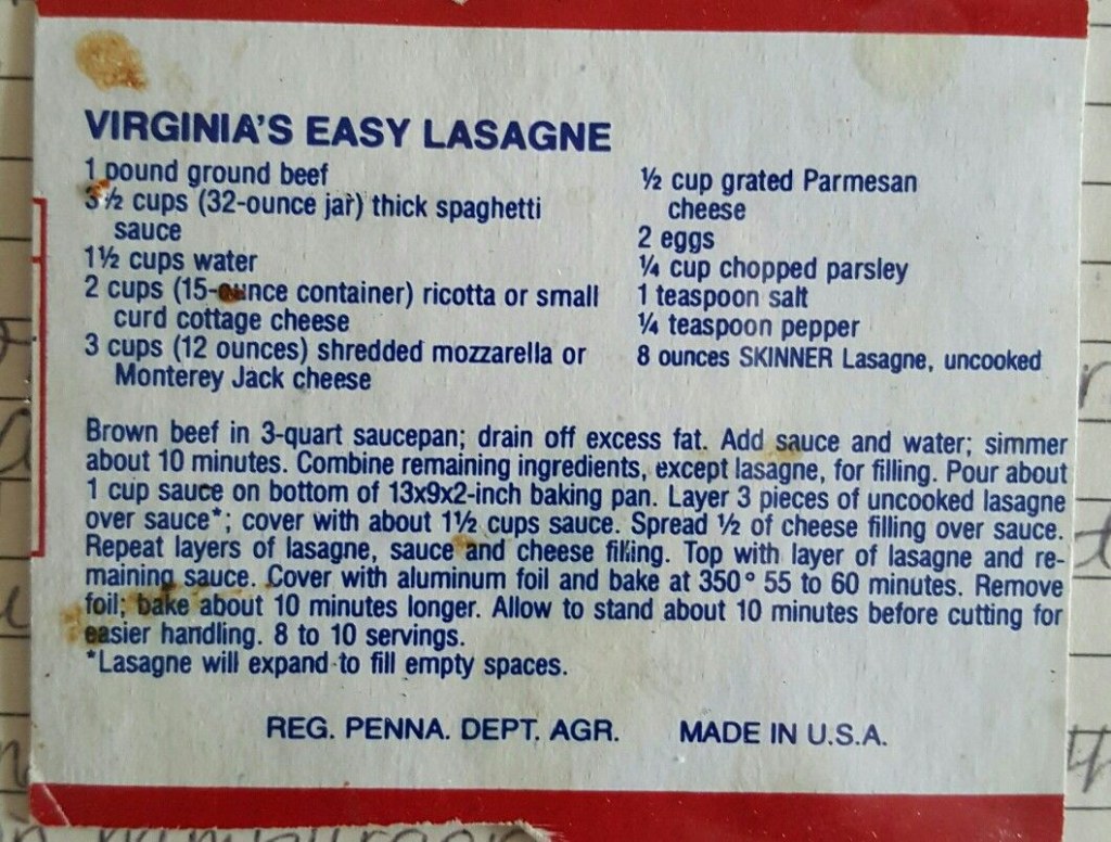 Picture of: Virginia’s Easy Lasagna from the Skinner’s Lasagna noodle box
